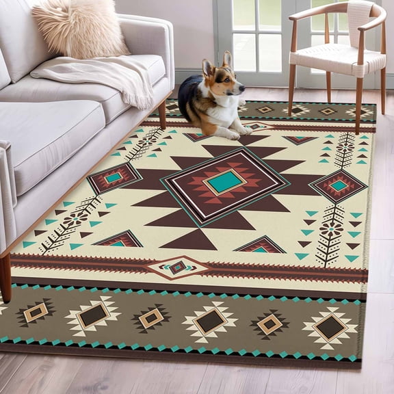 Brown Southwest Area Rug 3x5 Washable Rug Non Slip Ethnic Boho Tribal Vintage Geometric Large Area Rug Indoor Floor Carpet for Entryway Bedroom Kitchen Living Room Home Office Dining Room Nursery