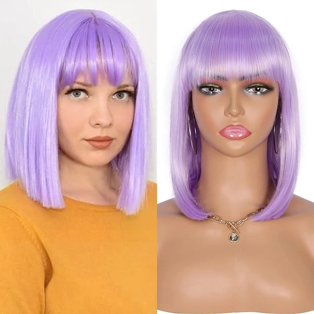 Pelucas de cabello sintético Yaki para mujer, pelo corto y liso de 12 pulgadas con flequillo, resistente al calor, brillo suave y Natural, color púrpura