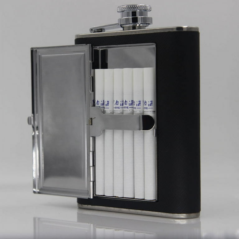 Flask - Cool Stainless Steel and Leather Alcohol Flask with  Compartment/Cigarette Case - For Men and Women