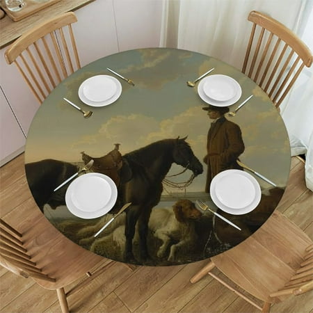 

Patifu Man Horse Dog Round Table Cover Stain Resistant Washable Indoor Outdoor Tablecloth Kitchen Dining Wedding Parties 100% Polyester Fiber 46-50