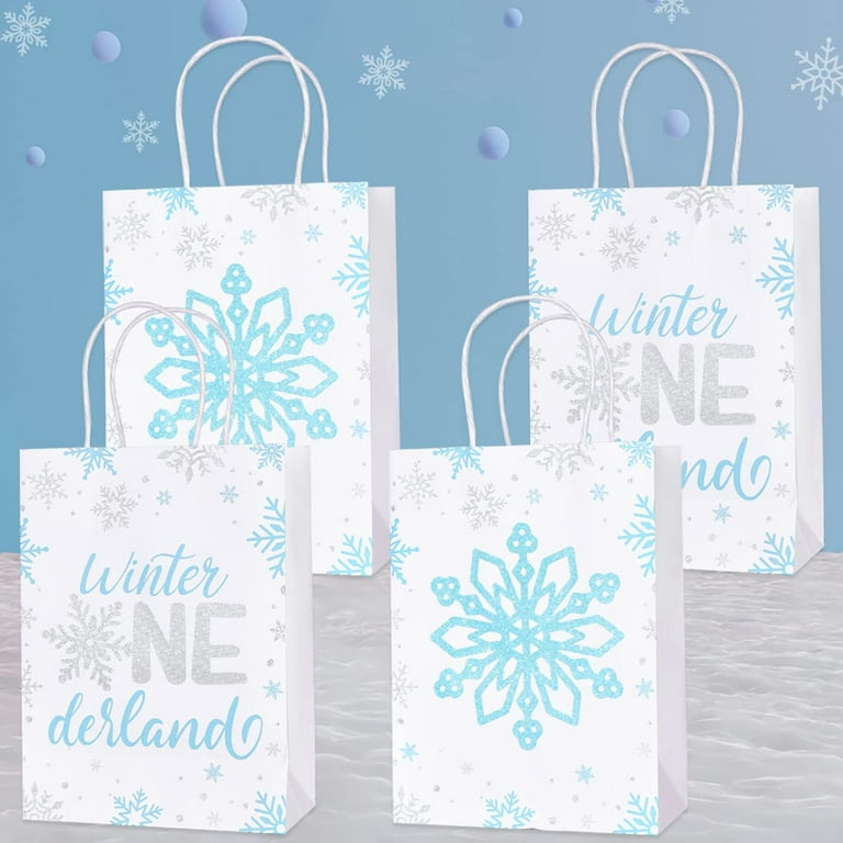 16pcs Winter Onederland 1st Birthday Party Favor Bags, Blue Silver  Snowflake Paper Gift Treat Bags for Boy’s First Birthday Party Supplies