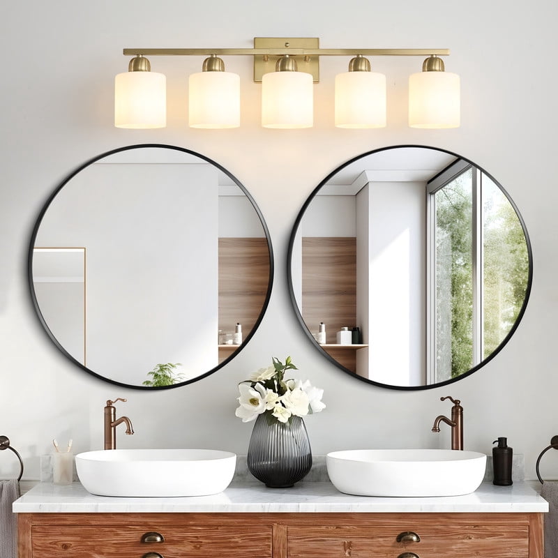 31.5" Gold Bathroom Vanity Light Fixture – 5-Light Modern Wall Sconce with Frosted Glass Shades, E26 Socket (Bulbs Not Included)