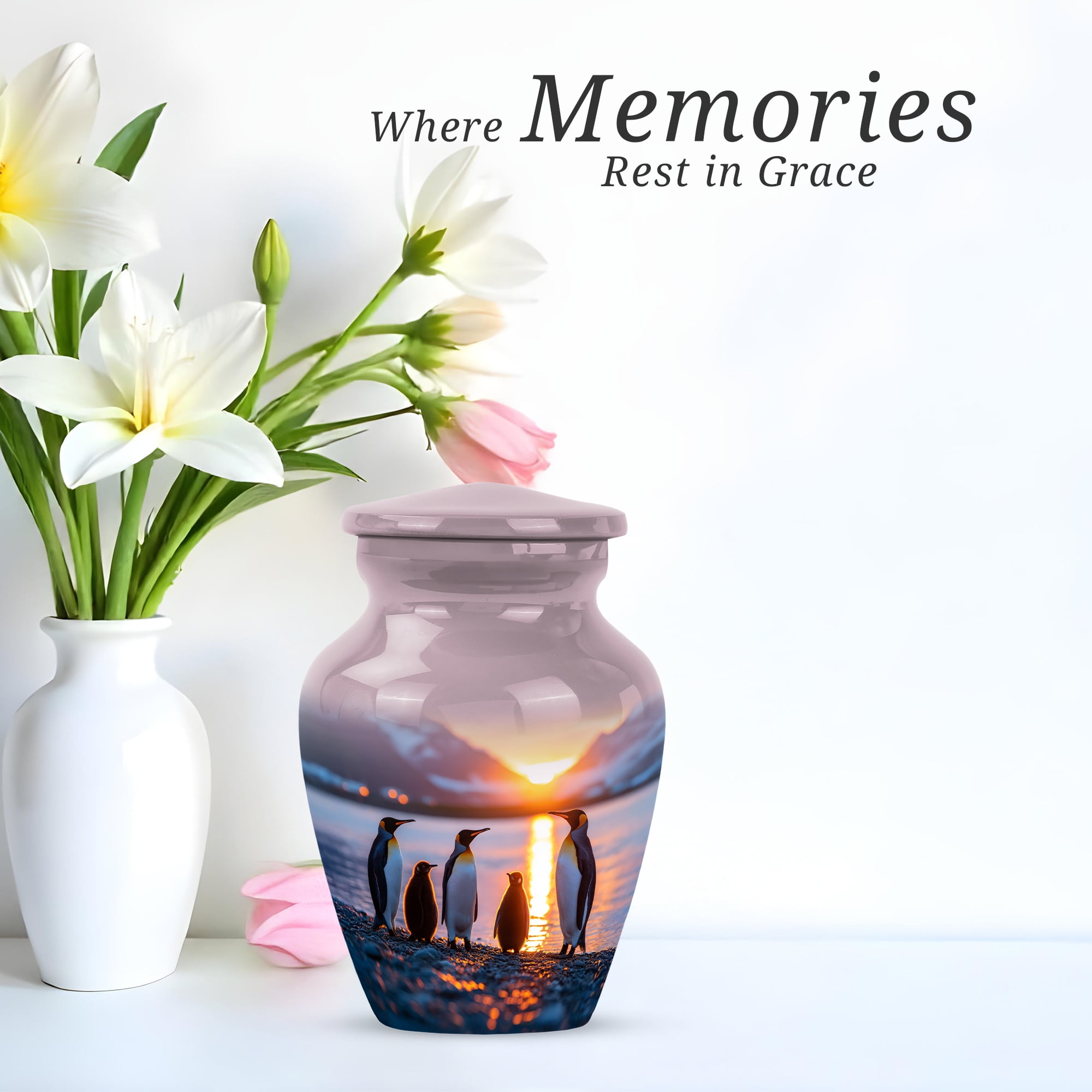 Penguins Funeral Urn For Human Ashes Adult Female, 1 Large & 4 Keepsake Small Cremation Urns For Human Ashes, Blue Urns For Adult Man And Women, Mini Urn For Mother And Father, 10&3 Inch