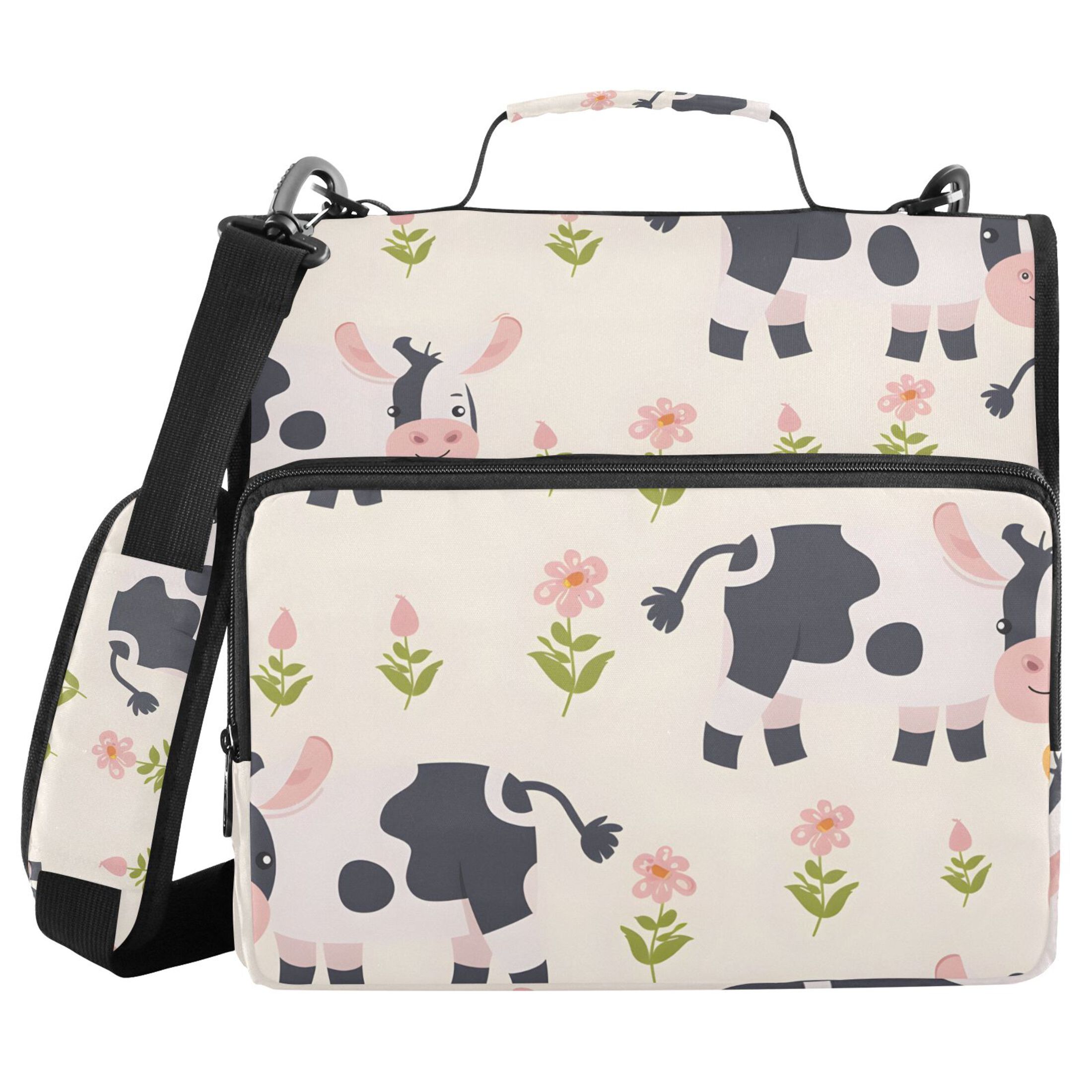 ALAZA Zipper Binder Cute Cartoon Cow Floral 3 Ring Trapper Keeper File Folder Organizer Bag