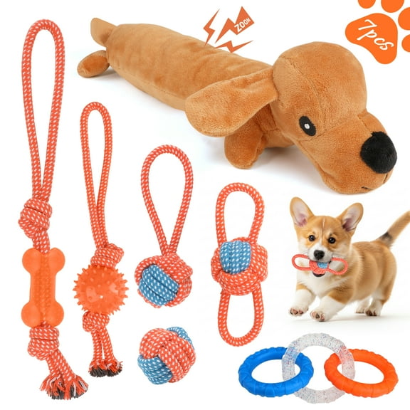 7 Pack Dog Chew Toys Puppy Toys, 3-Ring Tuff Tug Dog Toy, Plush Dog Squeak Toy, Teething Dog Rope Toys, for Puppies Small Medium Dogs