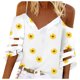 thumbnail image 1 of Blusa de panel de malla de margaritas con cuello en V para mujer, manga de campana 3/4, informal, suelta Fridja hj3445, 1 of 3