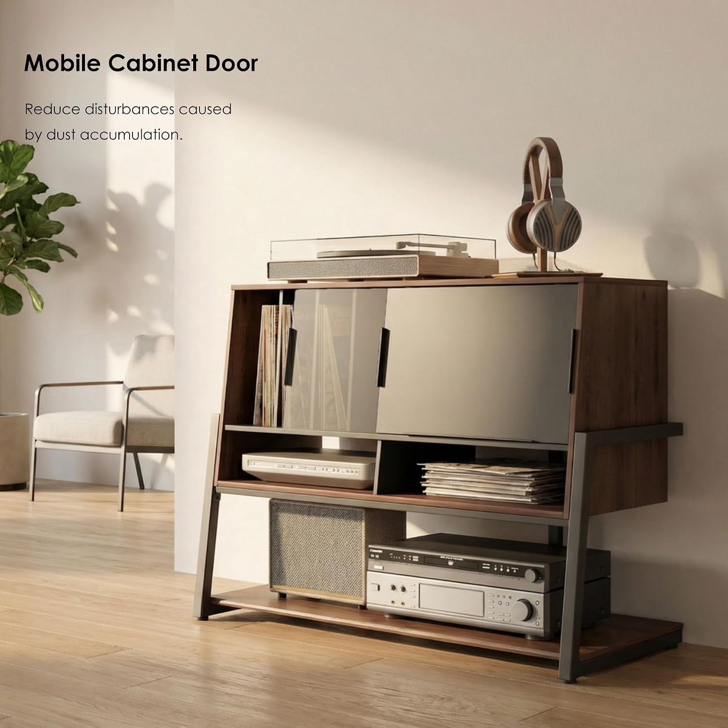 FITUEYES Large Record Player Stand with Vinyl Storage, Audio Component Cabinet, Dark Wood