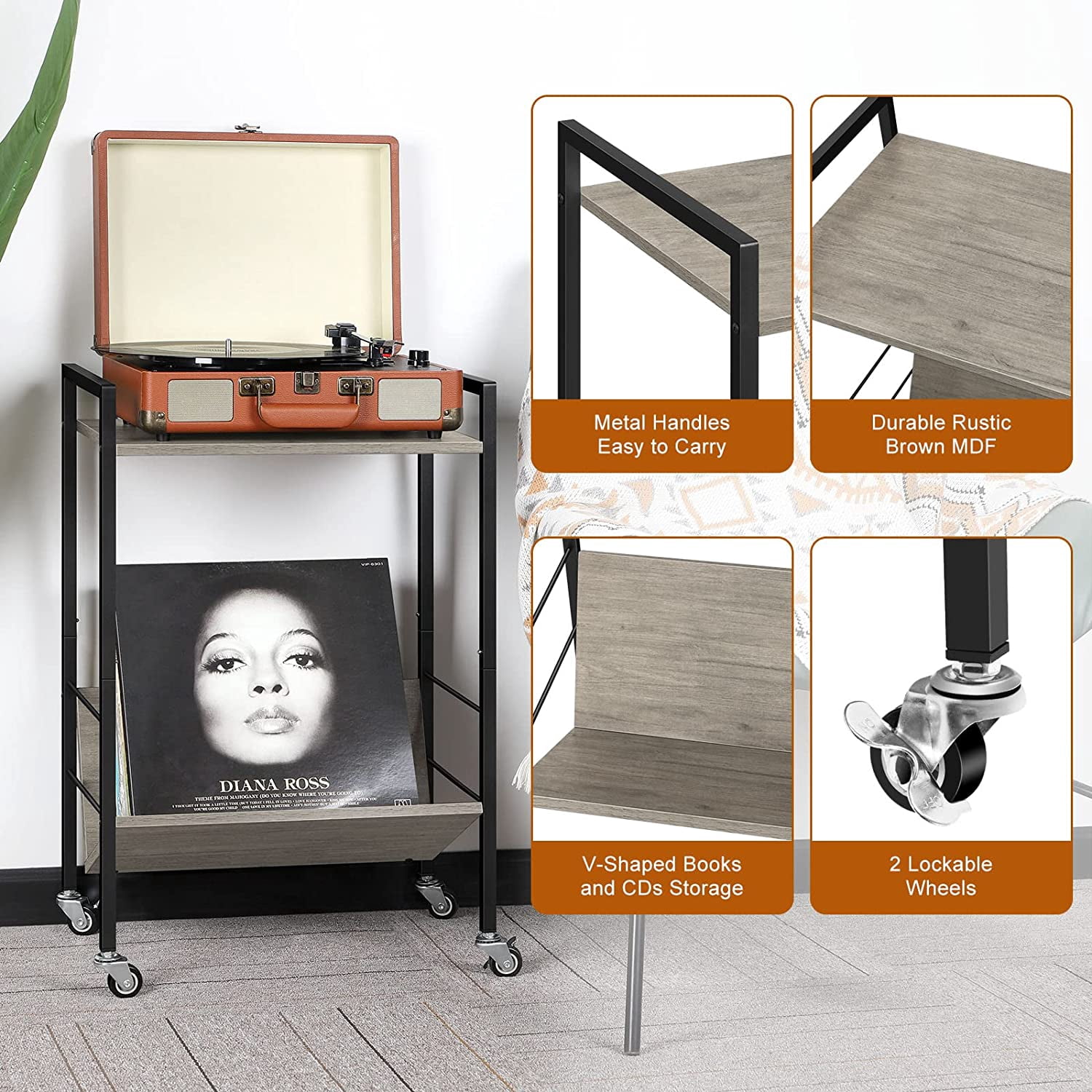 2 Tier Record Player Stand End Table with Vinyl Storage Shelf, Gray