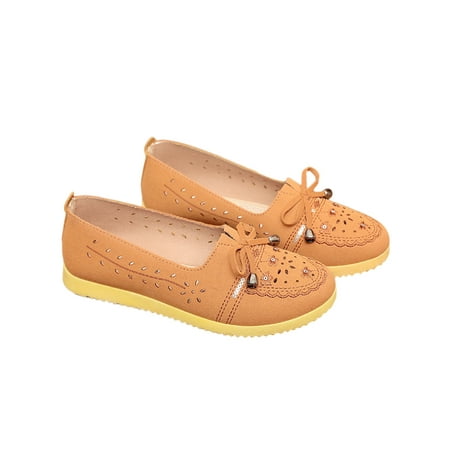 

Wazshop Ladies Flats Soft Sole Walking Shoes Round Toe Casual Shoe Lightweight Slip On Loafers Women Moccasins Bow Comfort Hollow Out Ginger 5