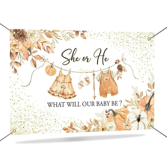 5.9x3.6FT Fall Pumpkin Gender Reveal Backdrop He or She Pumpkin Party Decorations Banner New Born Baby Boy or Girl Gender Reveal Party Supplies Background
