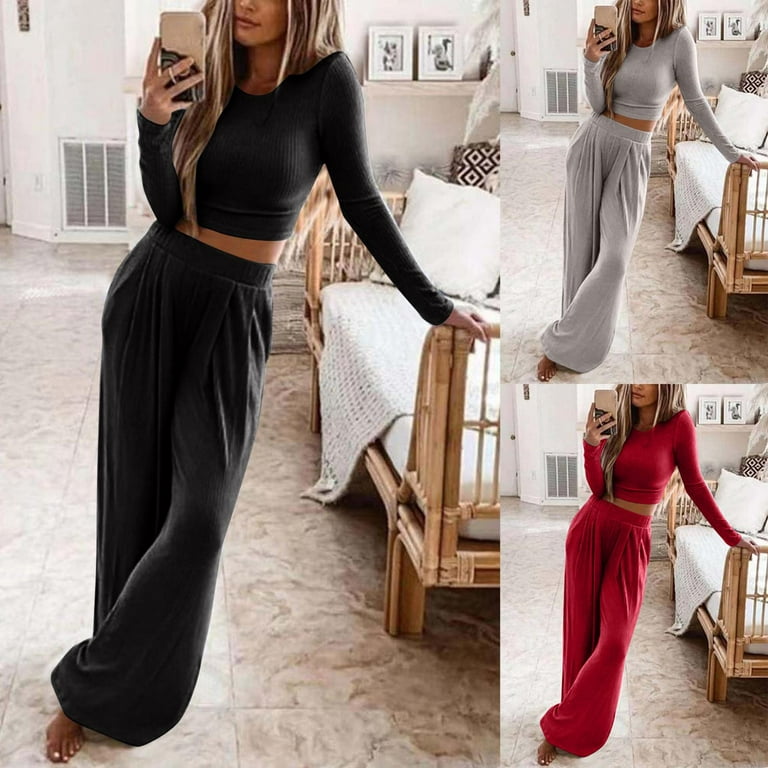 Christmas Gifts Deals 2022,Mchoice Wide Leg Pant Suits for Women Elegant 2  Piece Solid Outfits Long Sleeve Crop Top High Waist Long Pants Workout Sets