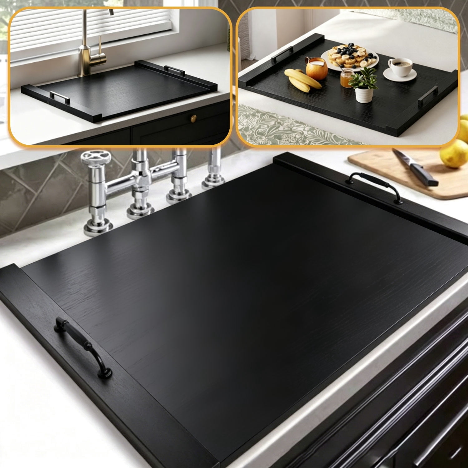YAOYAO LAND Noodle Board Stove Cover with Handles, Acacia Wood, for Electric Gas Stove Top (Black)