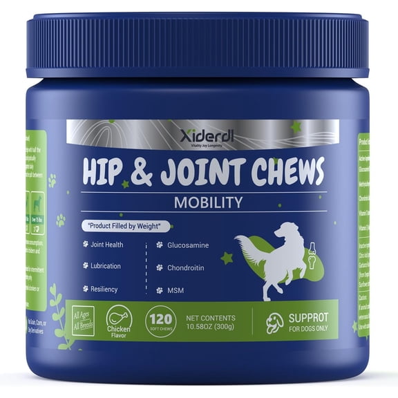 Xiderdl Dog Hip & Joint Supplement Chews with Glucosamine, Chondroitin & MSM, Joint Support Soft Chews with Vitamins C & E for Mobility & Daily Comfort, 120 Count