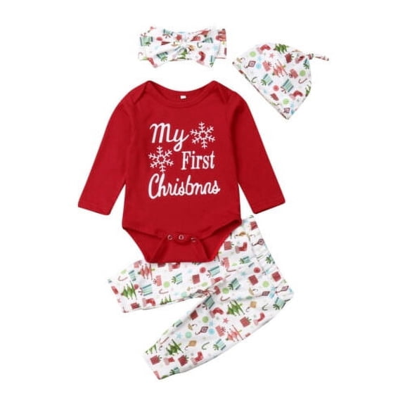 Newborn Infant Baby Boy Girl Christmas Outfit My First Christmas Romper Shirts Long Pants Hat Heaband 4Pcs Fall Outfits 0-24M