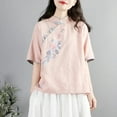 thumbnail image 4 of Tmtolofot Women Thin Embroidery Tops Cotton Linen Lapel Tees Shirts Casual Crew Neck Comfy Tunic Top 2024 Summer Fashion Vintage Breath T-Shirts Solid Color Formal Shirts，1_Pink，Medium, 4 of 4