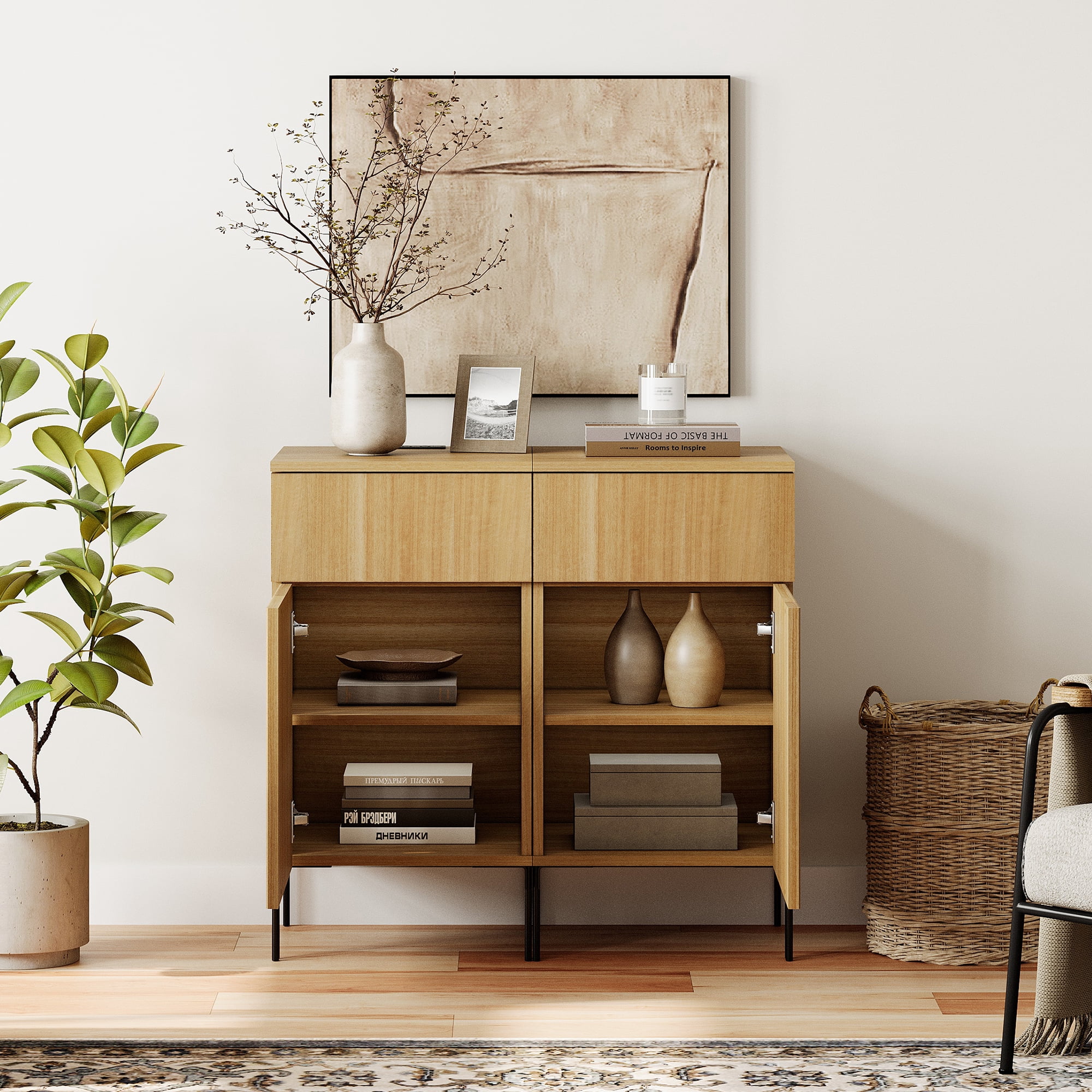 31.5" Wooden 2-Doors Sideboard with Charging Station, Modern Reeded Credenza Storage Cabinet for Kitchen, Dining Room