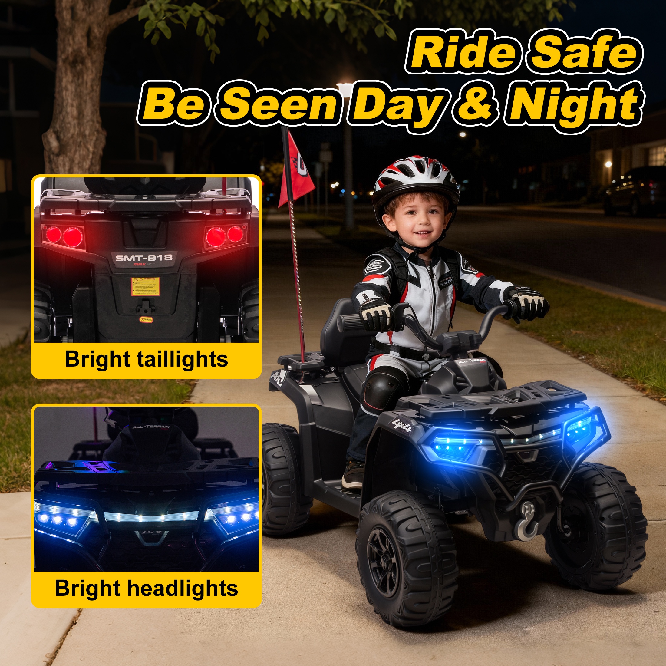 iRerts 24V Ride on ATV, Powered Ride on Toys Kids 4 Wheeler for Boys Girls Ages 3-6 Gifts, Kids Ride on Car Electric Vehicle with Bluetooth, Music, USB Port, Multi-Color Lights, Black