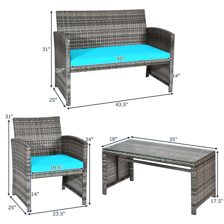 Costway 4PCS Patio Rattan Furniture Set Conversation Glass