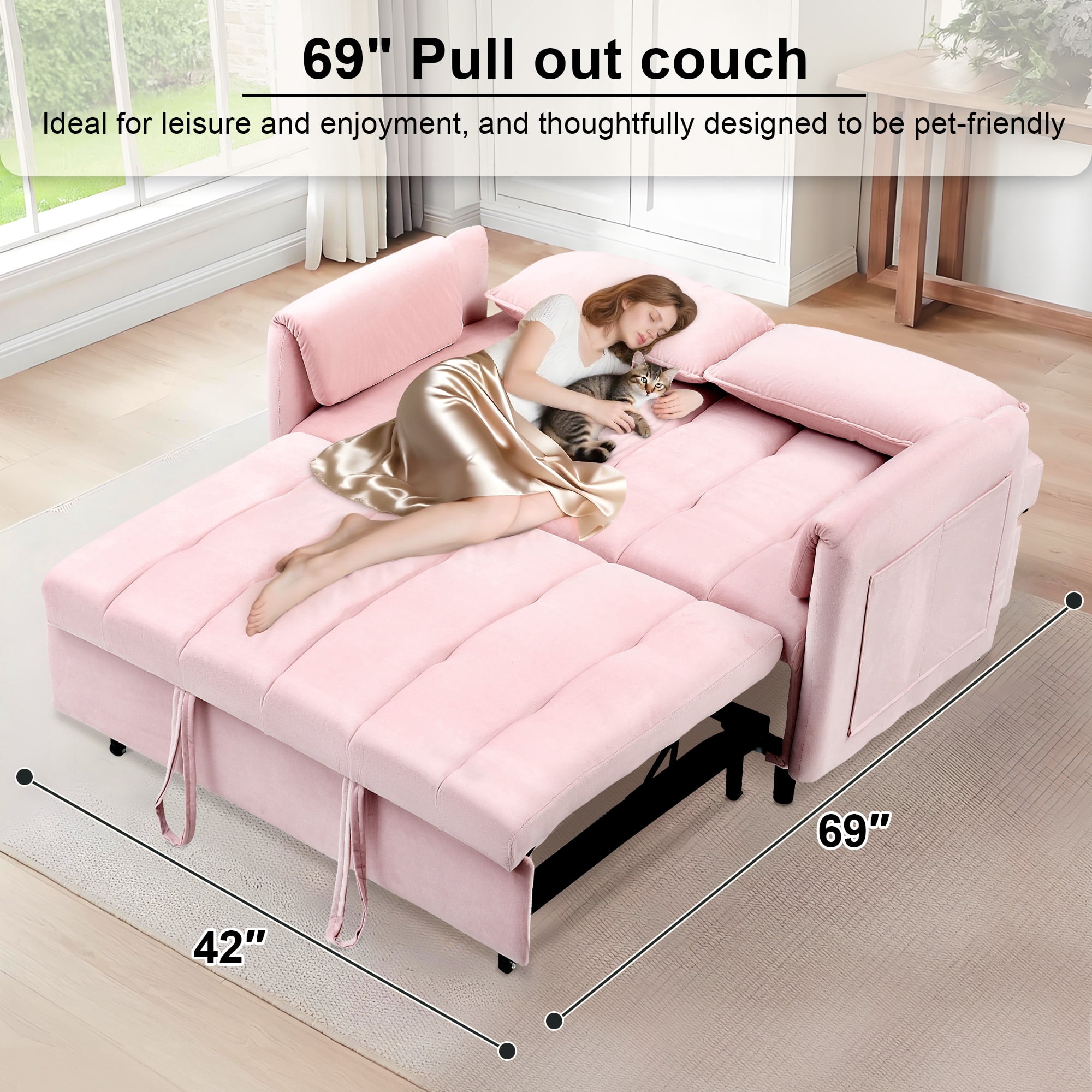 BedLuxury 53" Velvet Convertible Futon Sofa Bed, 3-in-1 Loveseat Sleeper Sofa with Pull Out Bed & Adjustable Backrest for Living Room or Office, Pink