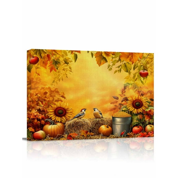 Vintage Autumn Canvas Print Wall Art Framed Canvas Art Wall Decor Harvest Landscape Fruit Maple Bird Pastoral Pictures Painting Morden Artwork for Living Room Bedroom, Ready to Hang - 12"x16"