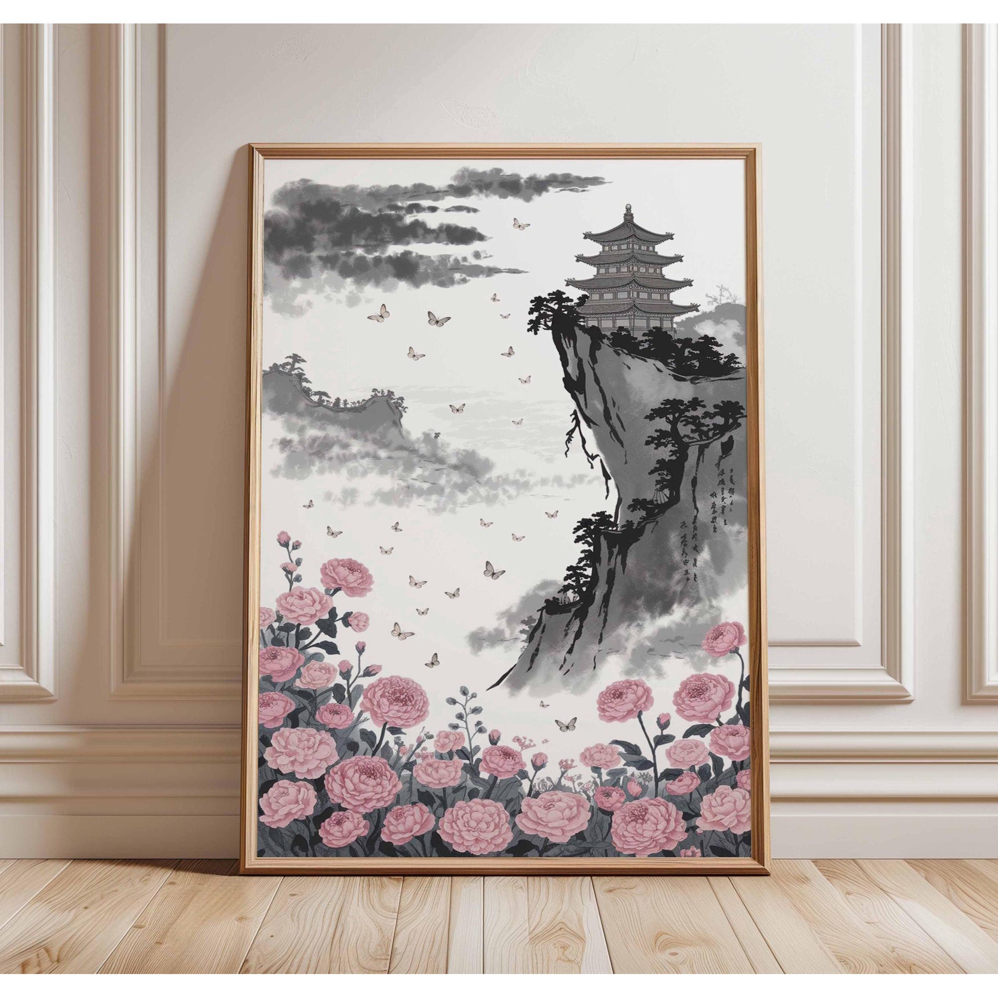 Chinese Landscape Poster Pagoda on Cliff Pink Flowers and Butterflies Asian Ink Art Traditional Chinese Wall Art Nature Print Poster Only