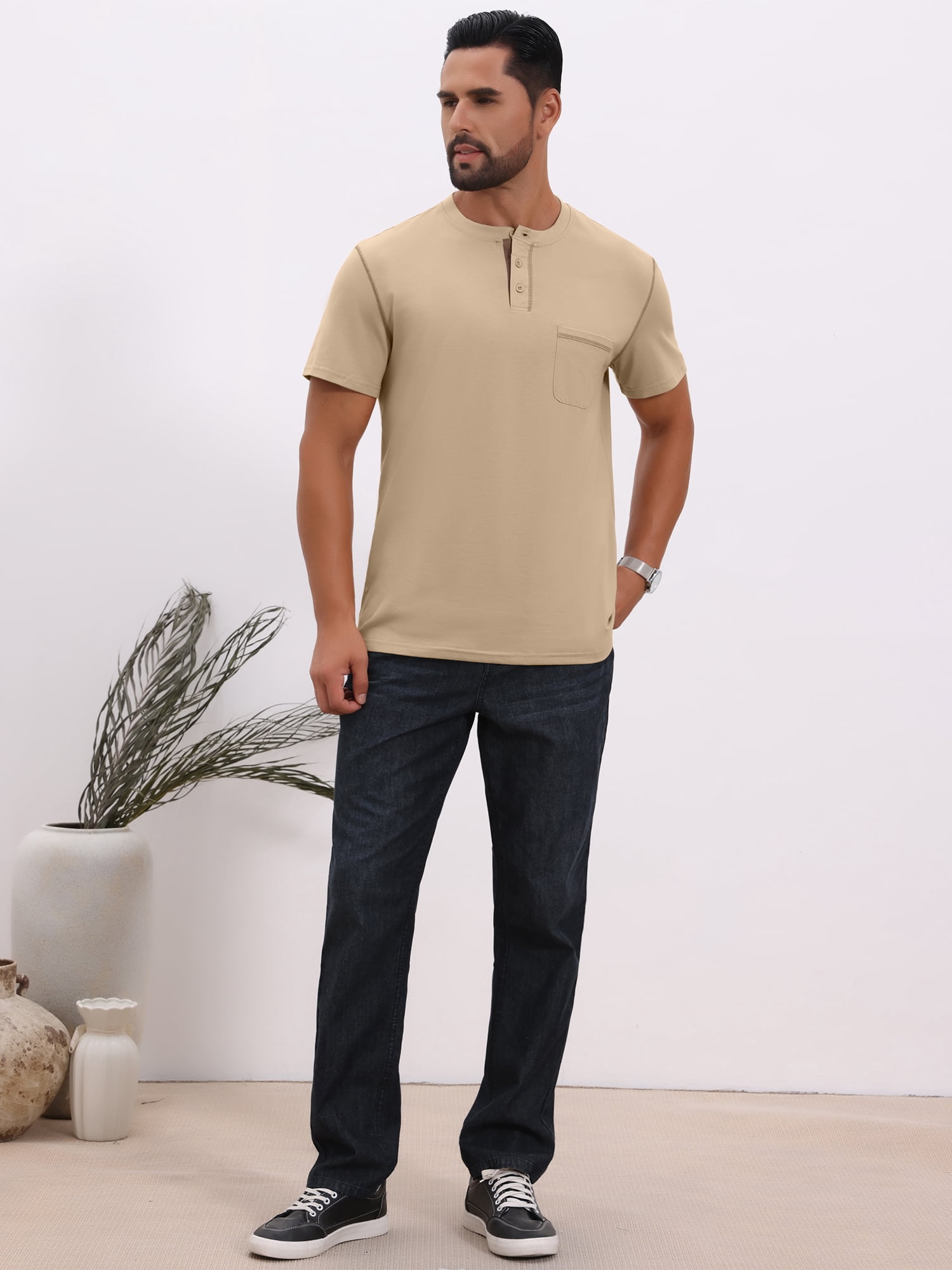 DARING DIVA Men's Henley Crew Neck Short Sleeve Button Down T-Shirt L Khaki