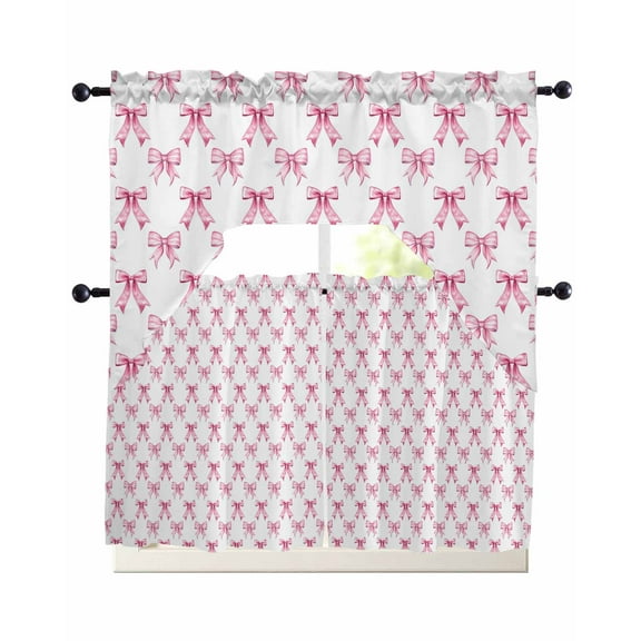 Cute Pink Bow Kitchen Curtains Sets 24 Inch Length with Valance, White Sweet Modern Watercolor Swag Valances and Tiers Curtain Set Drapes Swag Curtains for Living Room, Bathroom, Bedroom, Cafe