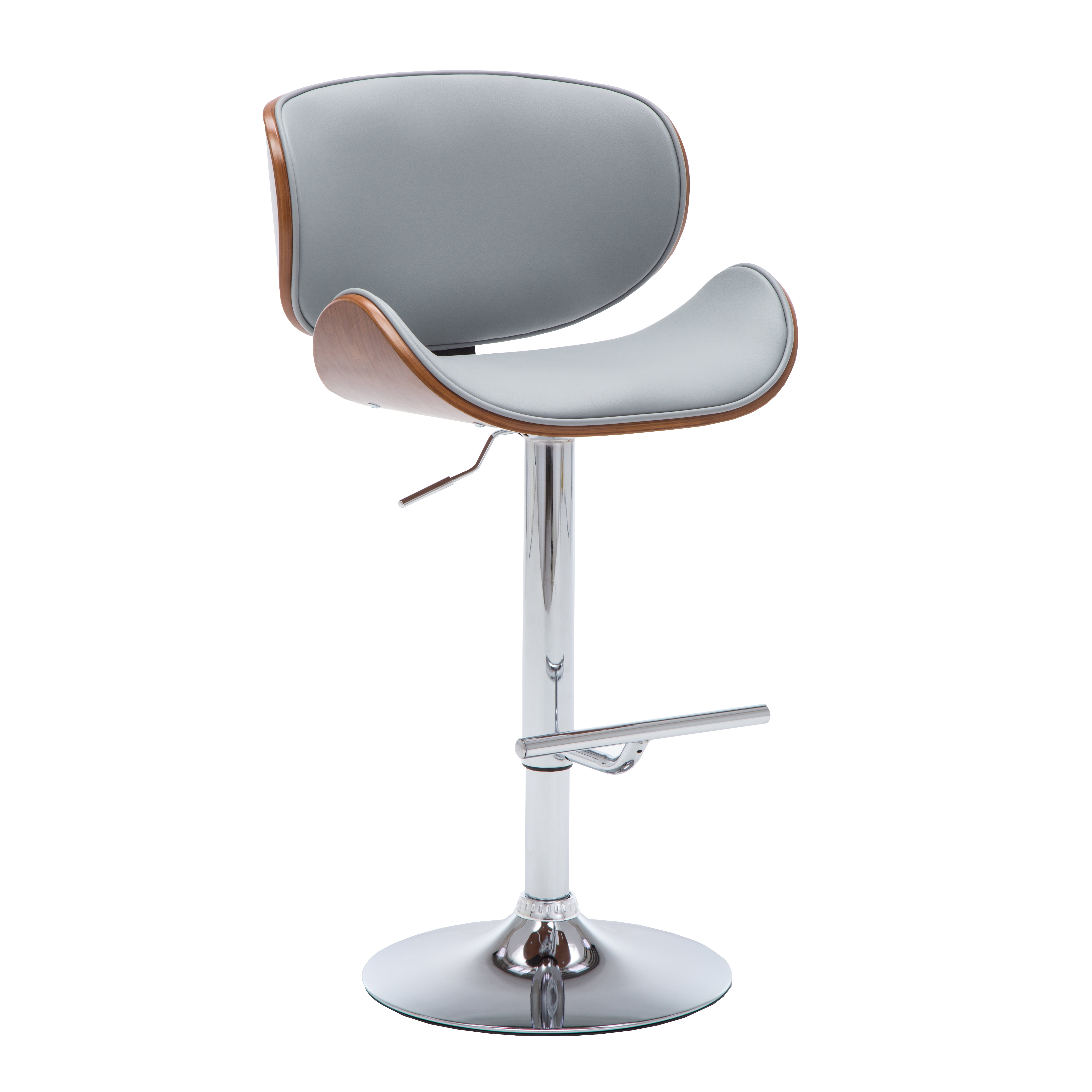 Modern Contemporary Swivel Walnut Bentwood Lift Adjustable Height Bar Stool with Curved Seat and Back (Gray)