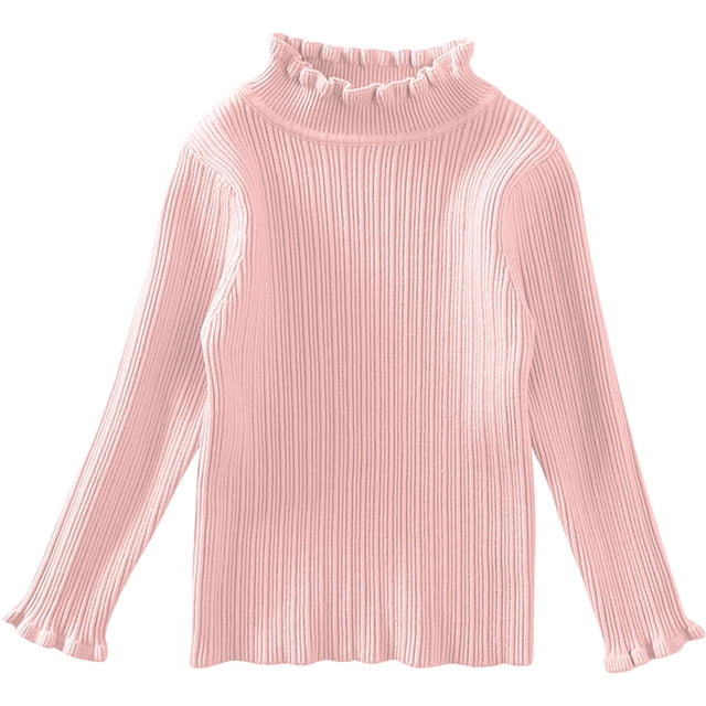 WUANDIXFA Toddler Baby Boy Fall Winter Autumn and Winter Girls' Pullover Solid Color Knitted Sweater with Ruffled Neck Bottoming Knitted Sweater Pink,3-4 Years