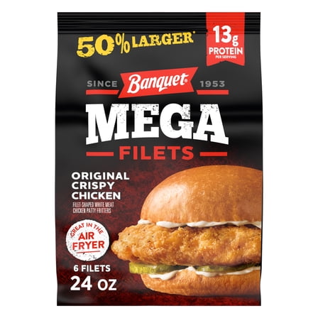 Banquet MEGA Filets Original Crispy Chicken Filets, 14g of Protein, Frozen Meal, 24 oz., 6-Count