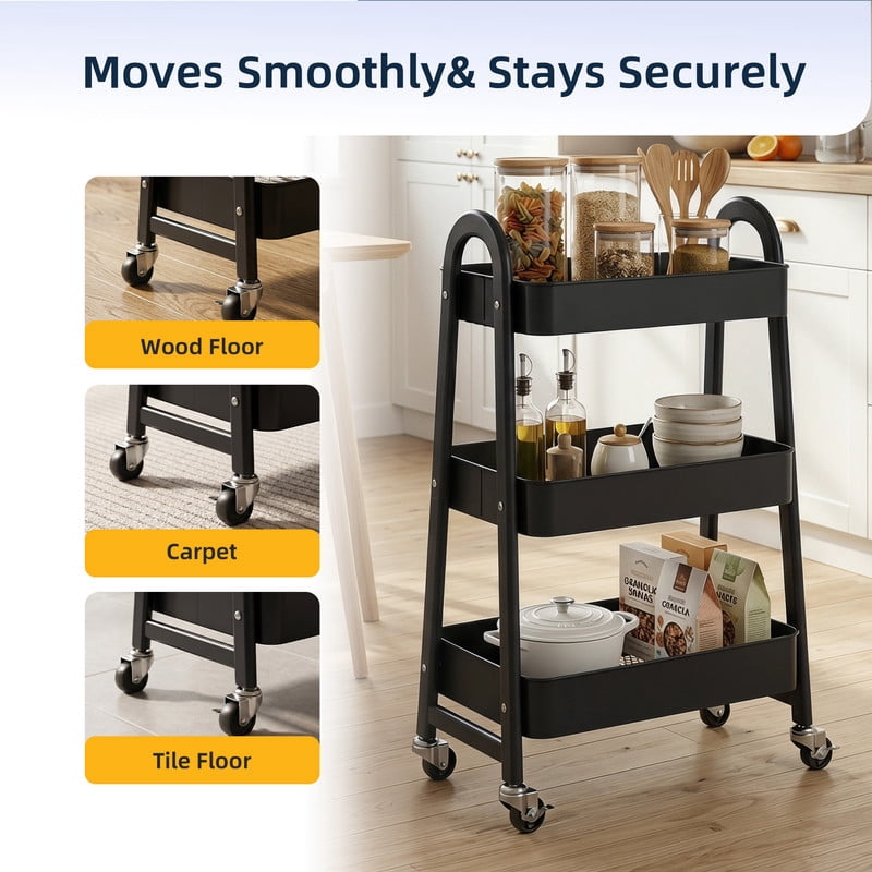 Gianna Utility Cart, Metal, 3‑Tier, Lockable Caster Wheels , 360° Rolling, Black
