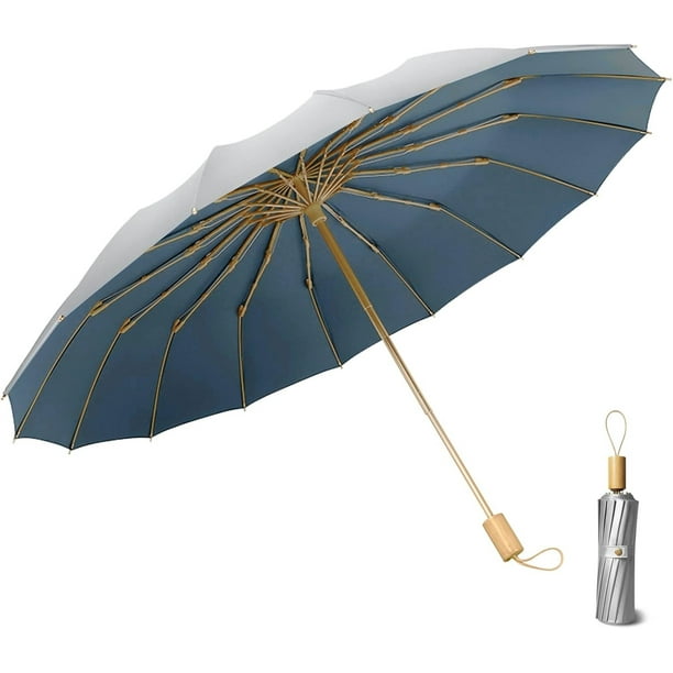 Sombrilla Plegable Compacta UPF 50+ - Protección Solar Y Lluvia, 16 Varillas De Fibra De Vidrio, Resistente Al Viento, Ideal Para Viaje Y Golf