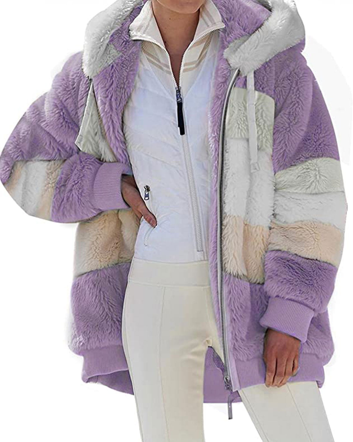Fashion Women Zipper Lapel Long Sleeve Plush Cardigan Jacket Fleece Cropped Coat