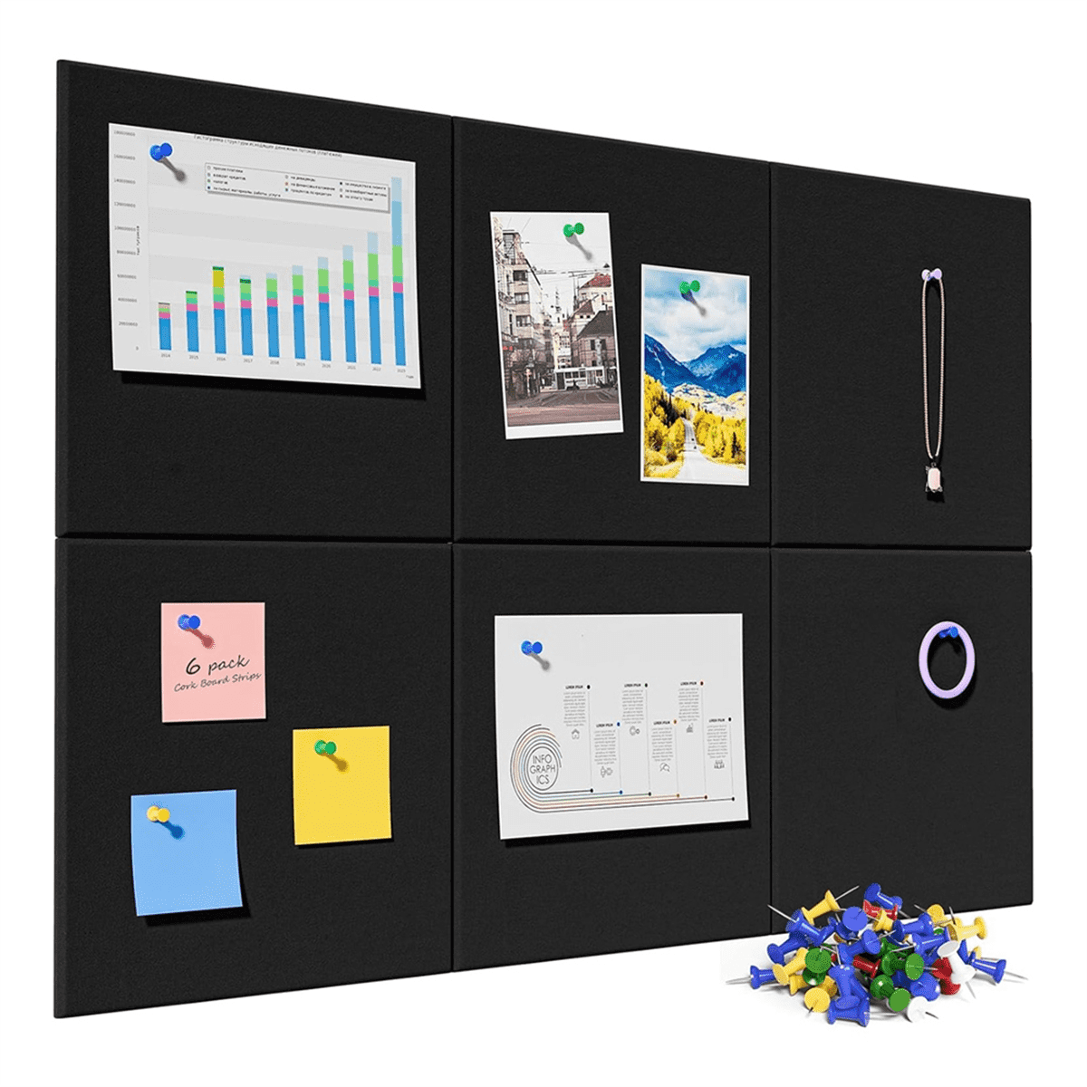 Cork Board Alternative, 6 Pack Felt Wall Tiles with 50 Pushpins, Black Cork Boards G14256