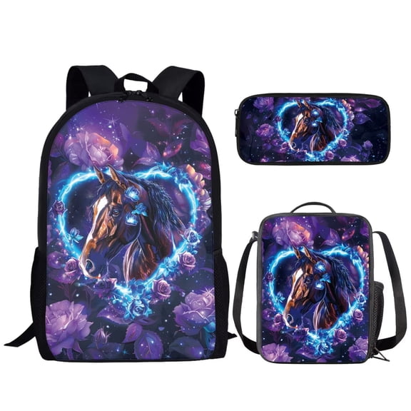 Binienty Floral Horse Backpack for Girls 10-12 Black School Bag with Lunch Box Pencil Bag Set of 3 Large Capacity Kids Rucksacks for Elementary Middle High School Students