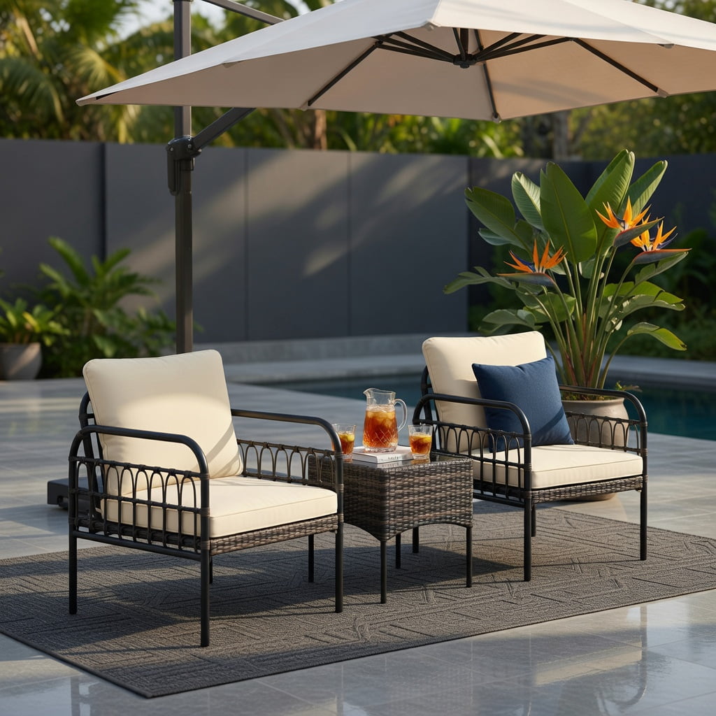 Hommoo 3-Piece Outdoor Wicker Patio Conversation Set with Tempered Glass Coffee Table, Cushioned Chairs & Rust-Resistant Metal Frame, Brown