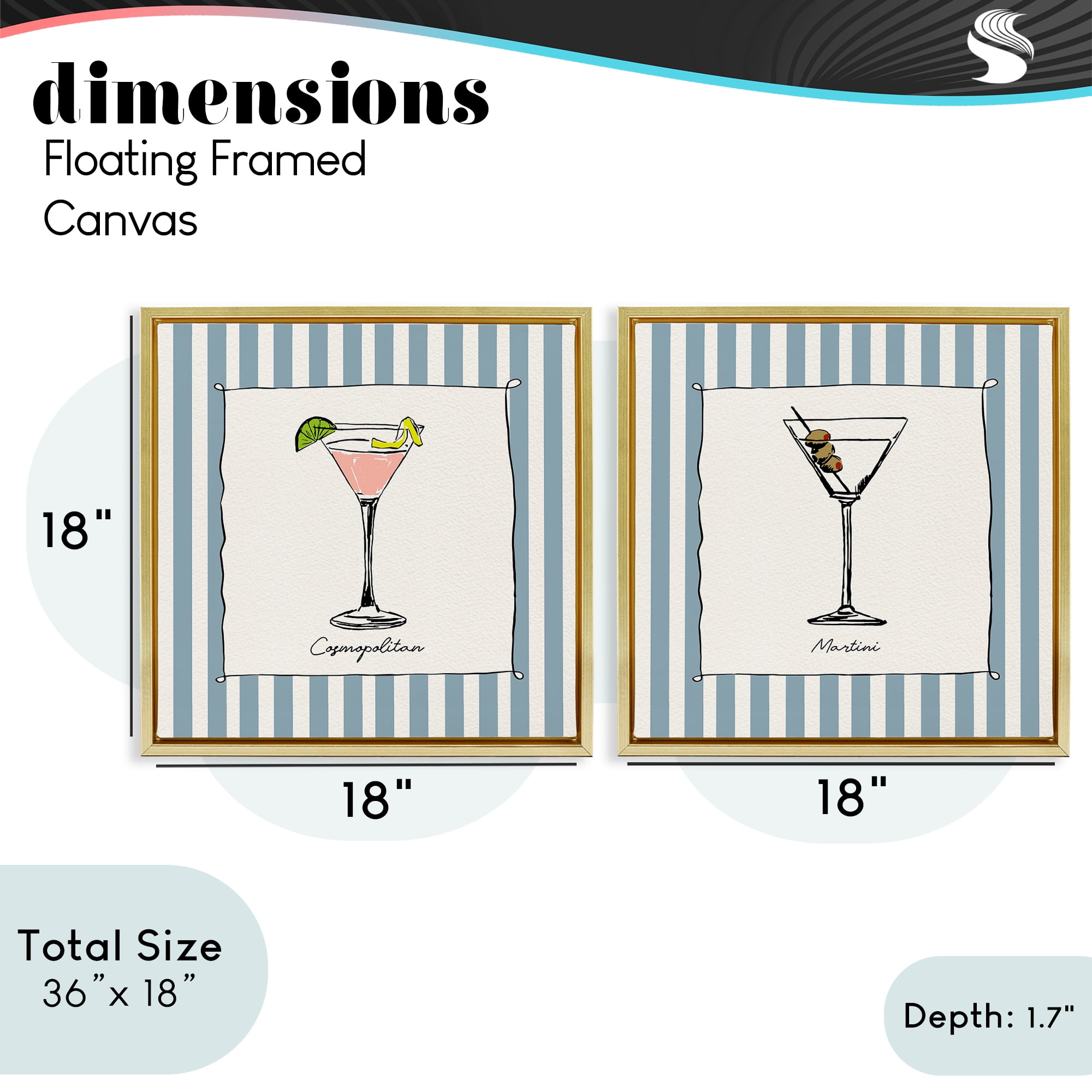 Stupell Industries Summer Drinks on Stripes 2 Piece Gold Framed Floater Canvas Set, design by Susan Jill