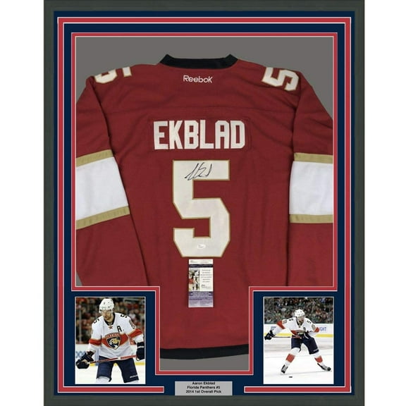 Framed Autographed/Signed Aaron Ekblad 35x39 Florida Red Hockey Jersey JSA COA