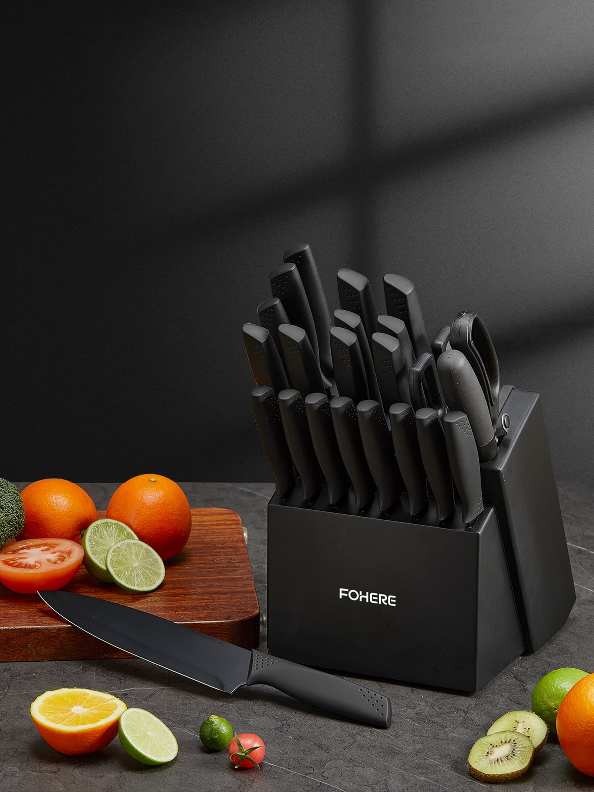 Knife Set 23 Pieces Kitchen Knife Set with Block and Built-in Sharpener High Carbon Stainless Steel Self-Sharpening Anti-Rust Coating Knife Block Set with Wooden Block, Black