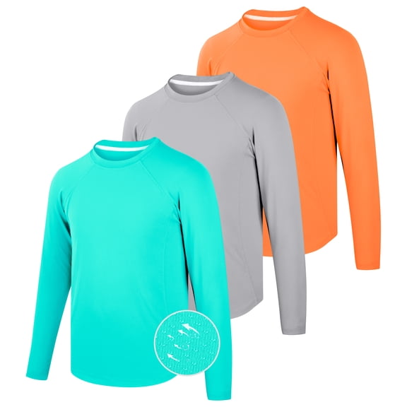 BIG ELEPHANT 3-Pack Boys' Quick-Dry Long Sleeve Shirts, UPF 50 Sun Protective Rashguard, Breathable Athletic Crew Neck Tops, Sizes XS-XXL