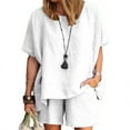 thumbnail image 4 of Hvyesh Linen Sets for Women 2 Piece Ladies Casual Summer Round Neck Short Sleeve Tops And Shorts Two Pieces Set Suit White,L, 4 of 7