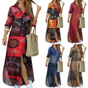 Women Elegant Lapel Neck Long Dress Button Down Dress Print Long Shirt Dress Casual Loose Maxi Dress with Pockets