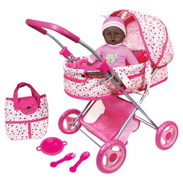 Lissi Deluxe Doll Pram with 13" African American Baby Doll Accessories, Pink