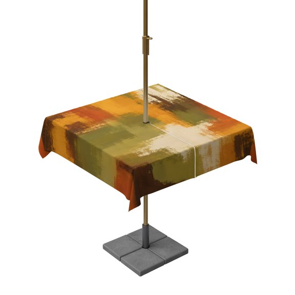 Outdoor Tablecloth with Umbrella Hole, Burnt Orange Green Color Block Zippered Table Cloth for Rectangle Tables, Abstract Geometric Art Washable Waterproof Tablecloths for Picnic Patio Garden