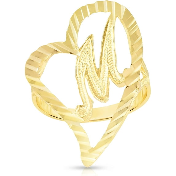 Floreo 10k Yellow Gold A-Z Cursive Letter and Heart Initial Ring, Large Heart (1.1")