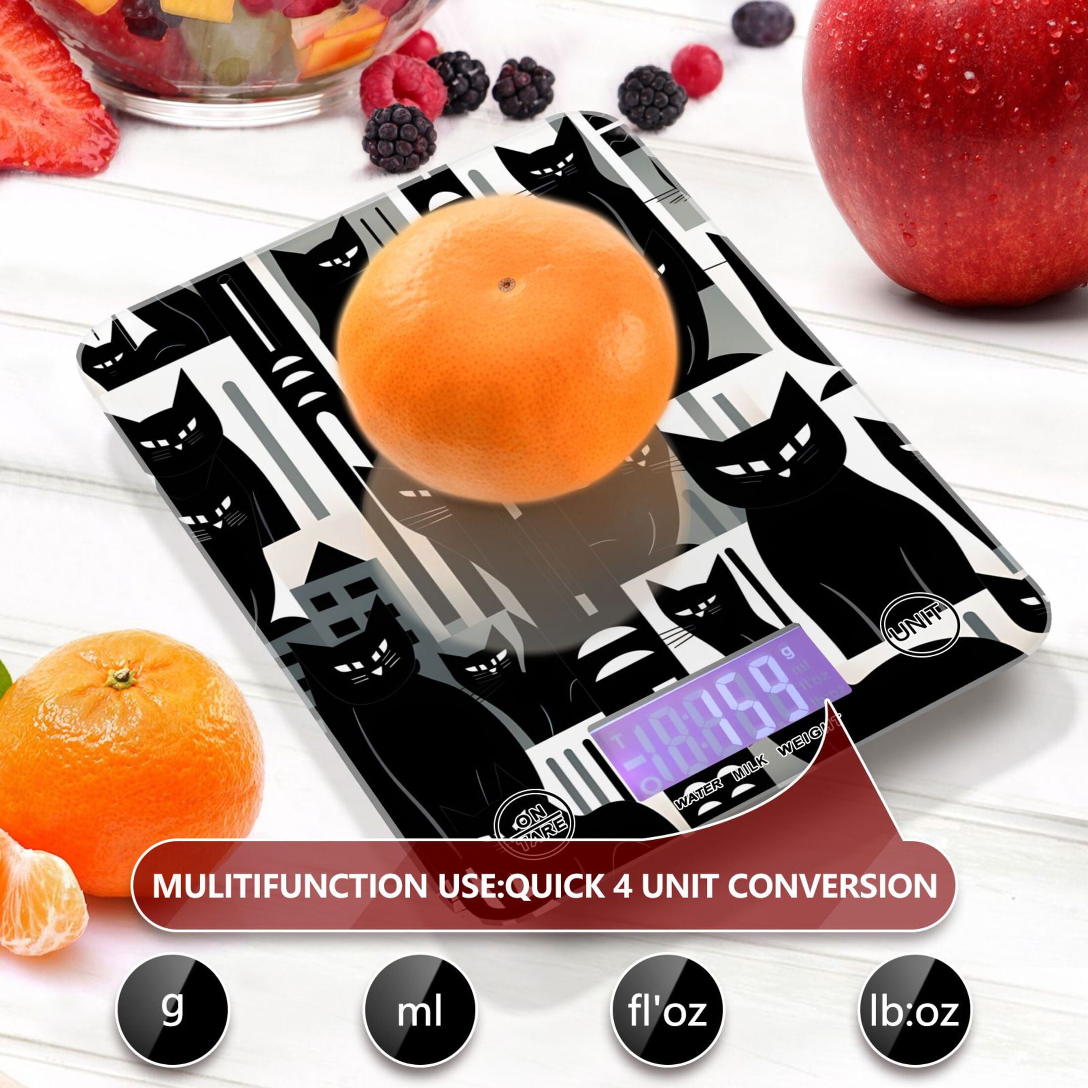 Black Cats Houses Food Scale Digital Kitchen Scale Waterproof Tempered Glass Tare Function 11 lb for Baking Cooking Meal Prep