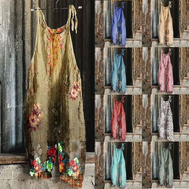 QATAINLAV Combinaisons pour Femmes Été Sans Manches à Col en V Salopettes Tendance à Imprimé Floral Combinaison à Bretelles Ajustables Décontractée Ample à Jambes Larges une Pièce Pantalon avec Poches Or L