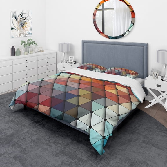Designart '3D Diamond Shaped Geometry in Shades of Blue and Red' Modern & Contemporary Duvet Cover Set
