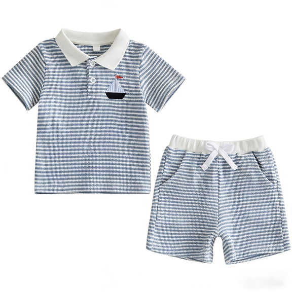REDARER Toddler Boys Striped Polo Shirt & Shorts Set, Sailor Embroidery Summer Casual Outfit,6-12 Months