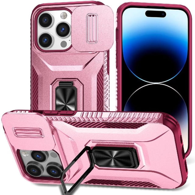Heavy Duty Armor Case for iPhone 14 Pro with Slide Camera Cover & Magnetic Ring Stand Pink